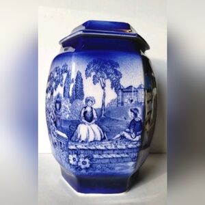 Vintage Romantic Flo Blue Storage Biscuit Jar Staffordshire England Flow Ceramic